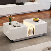 Led Coffee Table With 2 Drawer Storage, High Gloss Coffee Table For Living Room Unique Shape Centre Table With 16-Color Led Lights,End Table For Home Office Furniture, White